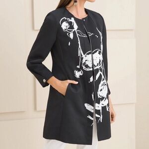 Chico's Black Long Sleeves Concealed zipper/snap Rose-Print Topper Mid Jacket 14
